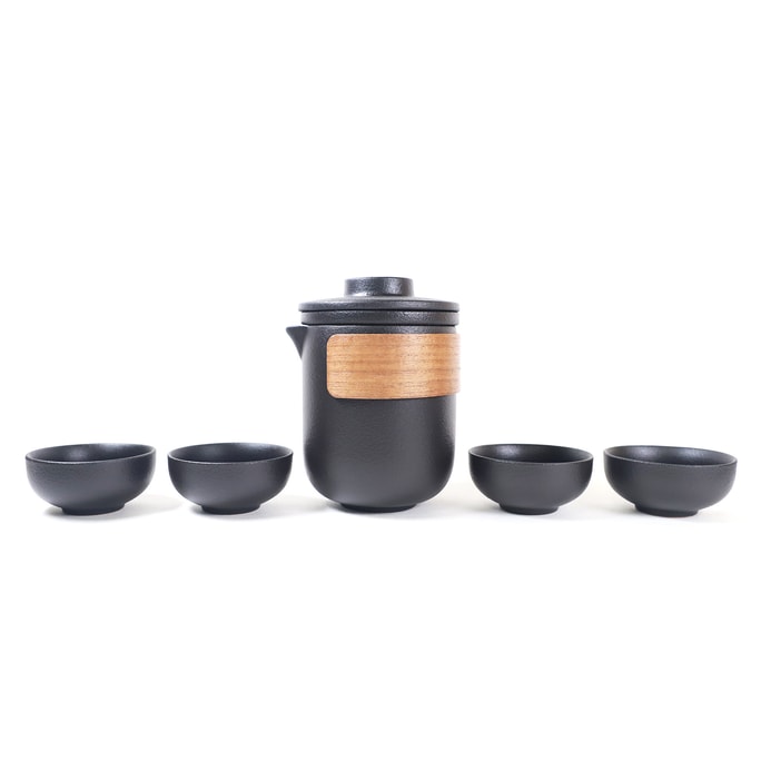 GINKGOHOME Ceramic Tea Set Wooden Handle With Infuser And Travel Case - 1 Teapot with 4 Cups 350ml