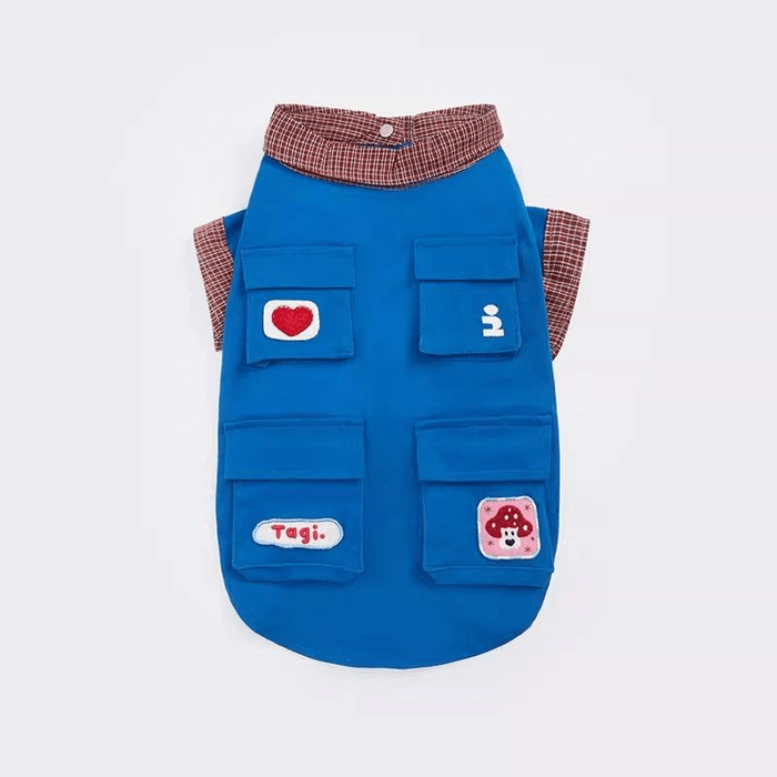 【中国直邮】 Tagi 《蘑菇哈哈》宠物格纹拼接刺绣西高地工装外套猎狐梗夹克蓝色 XXL(13-15KG)