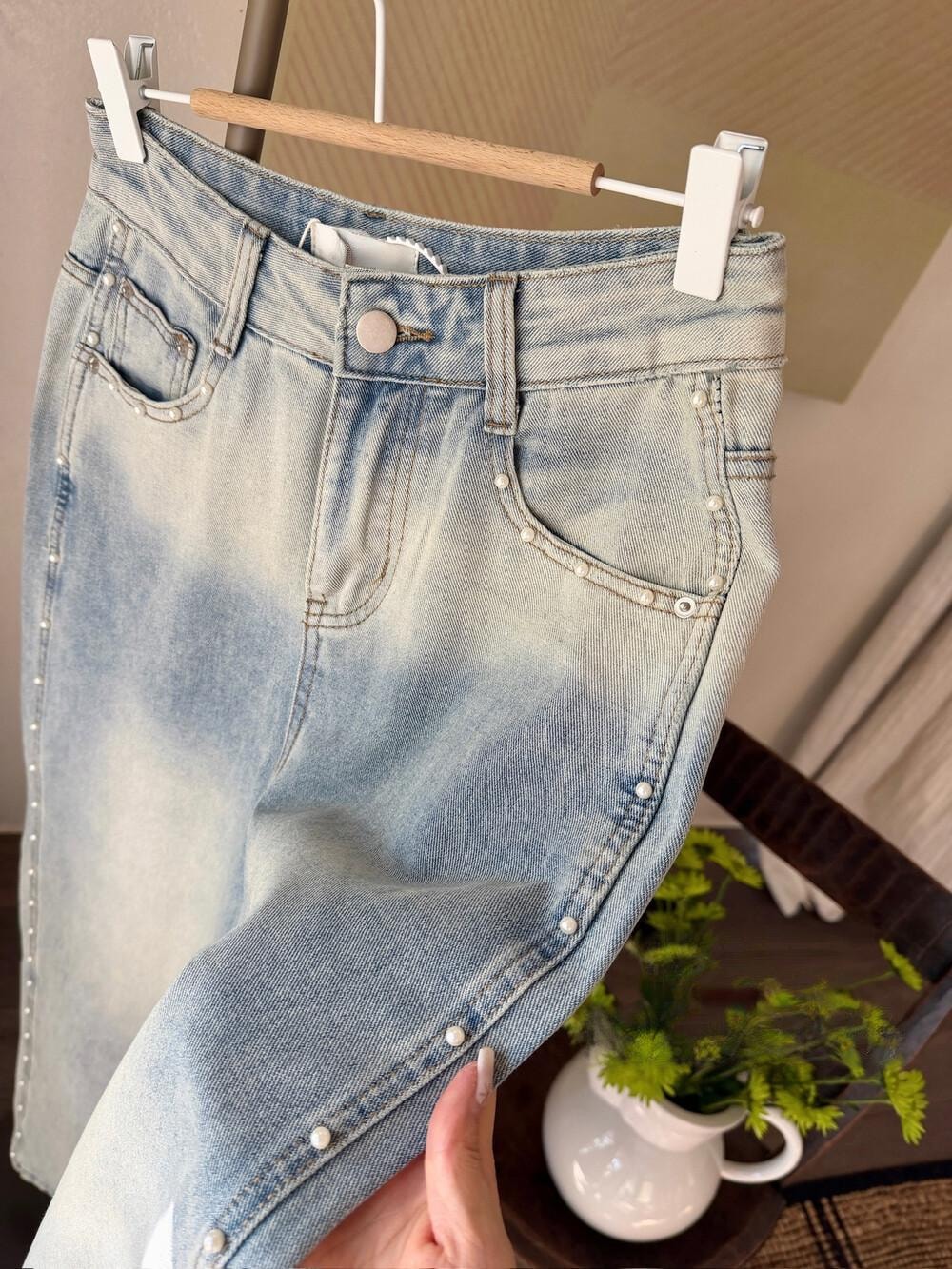 【加拿大直邮】 加拿大 SCENARIO 珍珠线条宽腿牛仔裤 浅蓝色 S-M码 浅蓝色 S