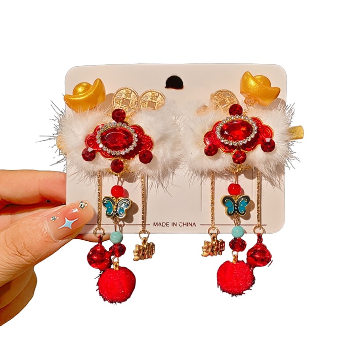 New Year Red Children's Hair Clips in Traditional Style for Festive Greetings [Velvet Lucky Year] - 1 Pair