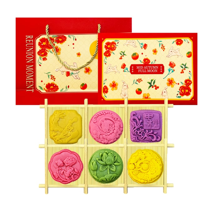 【在庫あり】米観花図好石 純手造り古宮広東風桃山皮カスタード流心月餅 中秋節ギフトボックス 60g*6個入り 360g [日本桃流心 + 日本抹茶流心 + 紫芋ブルーベリー流心 + 赤ワインクランベリー流心 + ゴールデンドリアン流心 + 香港風カスタード流心]