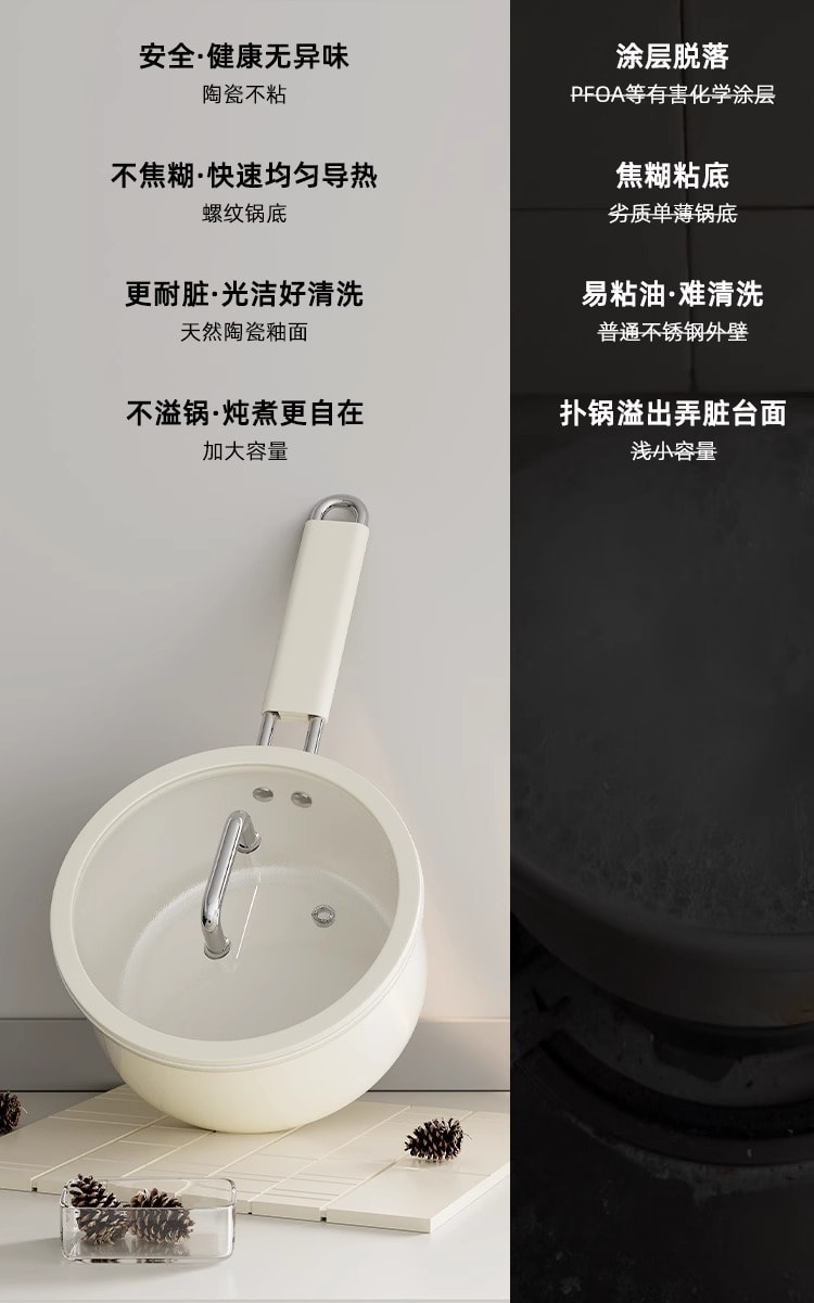 【Livraison directe de Chine】 QINTAIwife Casserole en céramique sans fluor, antiadhésive, pour aliments pour bébé, nouilles instantanées, 16cm Céramique Blanche
