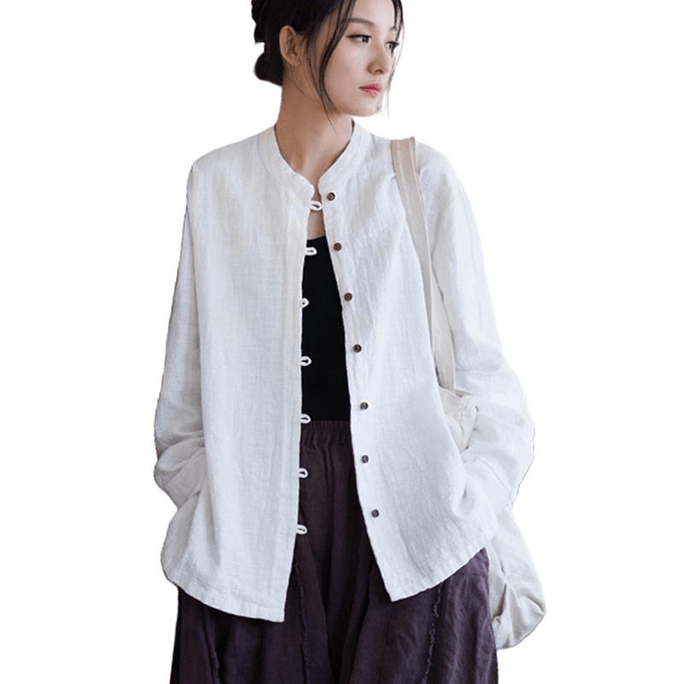 中国 ASIS新中式棉麻女式立领长袖衬衣开衫-白色 均码