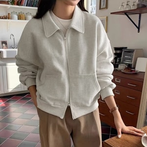 【中国直送】HSPM 新品 ゆったり両口ジッパー 老化防止 ラペル カーディガン セーター ジャケット ホワイト グレー M