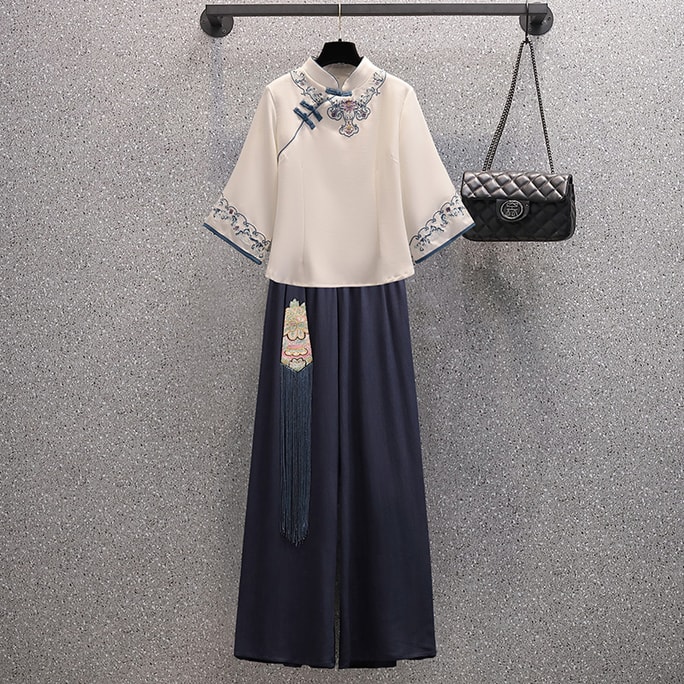 Chinese Style Embroidered Knot Button Cheongsam Hanfu Sets for Women Blue M