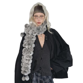 【中國直郵】 HSPM 時髦兔毛皮草軟糯圍巾女冬季韓系造型感拉風毛球圍脖保暖 灰色F 1個