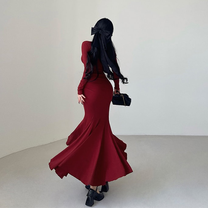 Step-by-Step Lotus Atmosphere Pleated Waist Long Sleeve Wrap Hip Fishtail Long Dress Atmosphere Wine Red Petite Version S 1 Piece