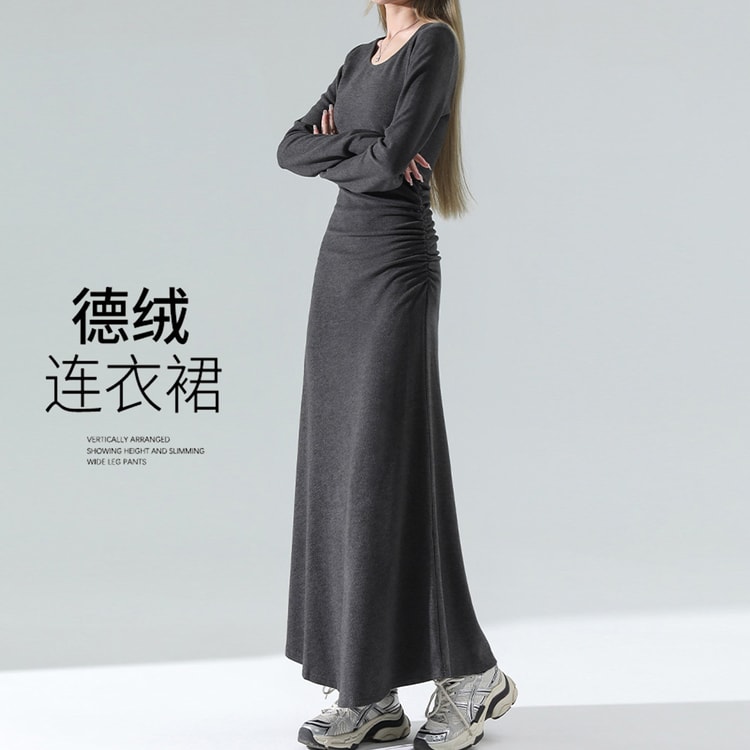 cinch wasit long sleeve midi dress French Style Elegant Long-Sleeve with Waist Cinch, Dark Grey, L long cuff sleeves Time and Tru Women's Cinch