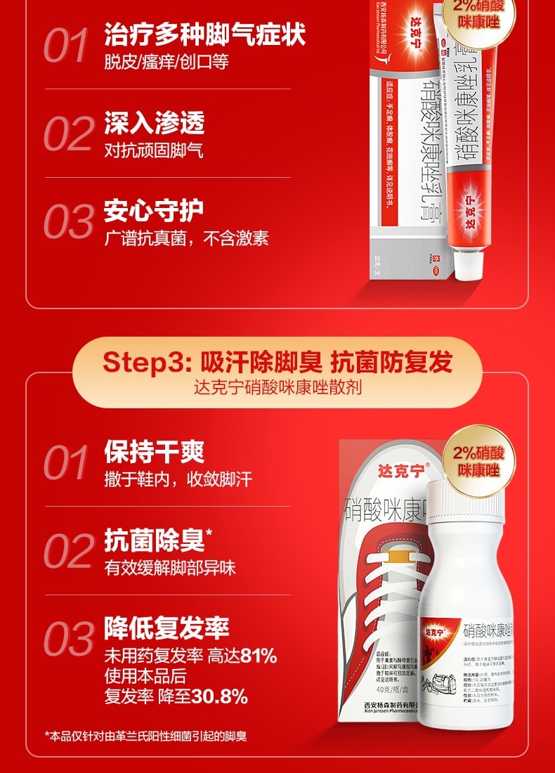 【中国直邮】 达克宁 乳膏 治疗脚气止痒 脱皮 杀菌 脚臭专用药20g x 2盒(医生指南推荐用药)