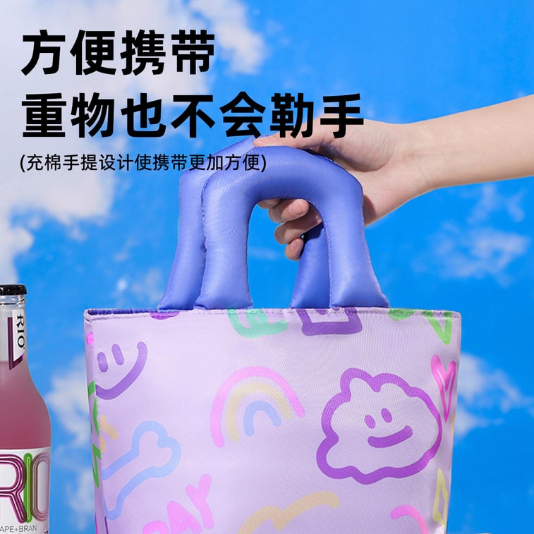 【中國直郵】 HSPM 熱銷加厚手提飯盒袋保溫包學生上班族塗鴉手繪帶飯便當包 粉紅色包綠色手提一個 5
