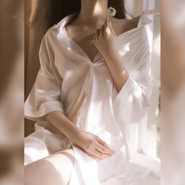 商品详情 - 中国 霏慕 仿真丝情侣衬衫透视 性感睡衣 白色均码