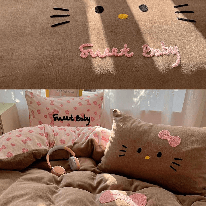 【中國直郵】 Lullabuy 黑皮貓貓牛奶絨床上三件套 床品被套枕套 咖色-Twin