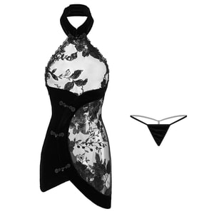 Fun Lingerie Sexy Lace Embroidered Open Back Velvet Cheongsam Black One Size