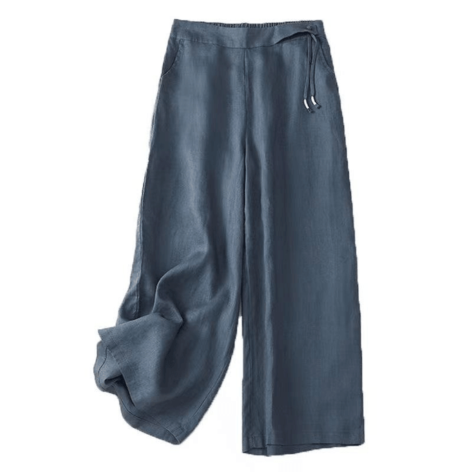 Ramie Loose Retro High Waist Casual Wide-leg Cropped Pants Blue 2XL
