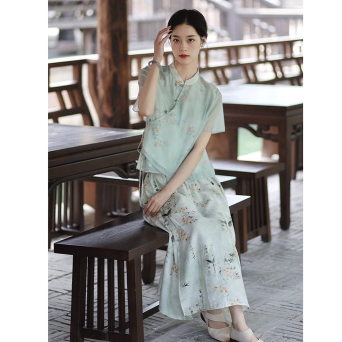 HSPM New Chinese Style Chinese Style Printing Set Two-Piece Set Light Green L