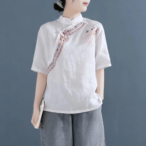 Chinese Style Knot Rutton Embroidery Short Sleeve Blouse Tops White M