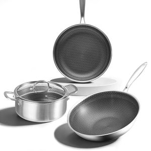 【Honeycomb 3-Piece Set】 304 Stainless Steel Wok + Stockpot + Frying Pan Set, Full-Surface Honeycomb Etching, Physical Suspension Non-Stick, Compatible with Gas and Induction Cooktops