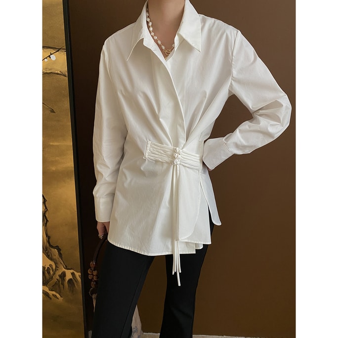 New Chinese Style Slanted Button Irregular Waist Shirt White S