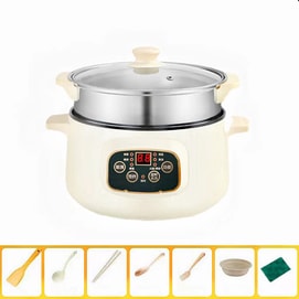 カーキスマート多機能電気炊飯器、炊飯器、鍋、多機能炒め鍋、電気蒸し器(バスケット付き)、110V、26cm、カーキ(画像あり)、7点セット、800W