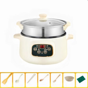 Electric Rice Cooker Shabu Hot Pot With Steamer Khaki White 10.2 Inch 800w