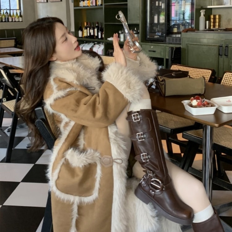 Faux Fox Fur Long Loose Fuzzy Thickened Coat with Shearling Lining