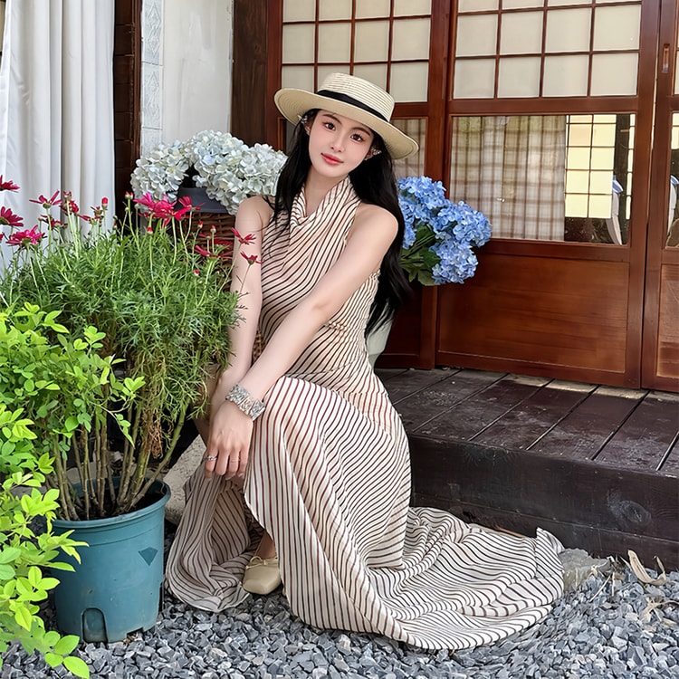 stripe casual dress Women's Vertical Stripe Cami Dress Loose Crew Neck Mid Calf Length Dresses Summer Strapped Trendy Casual Dress Blue at Amazon Women's Clothing store