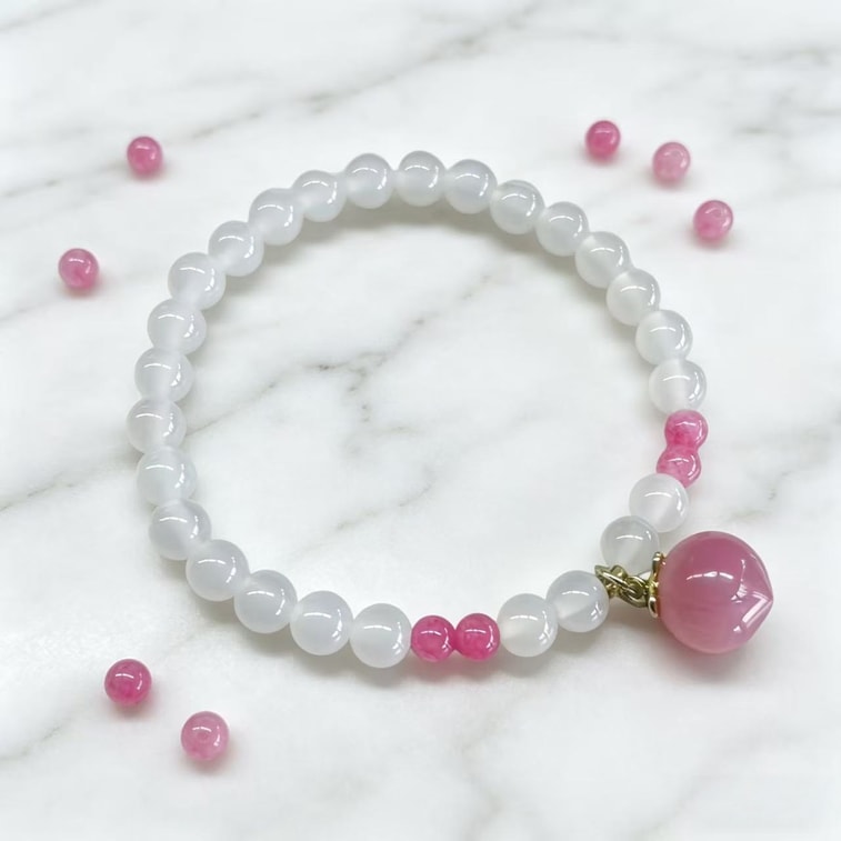 【桃の花ブレスレット】白翡翠の桃のペンダントブレスレット、美しく汎用性が高く、結婚運を高めます。ニッチな高級ジュエリー、オリジナルデザインのジュエリー。 4