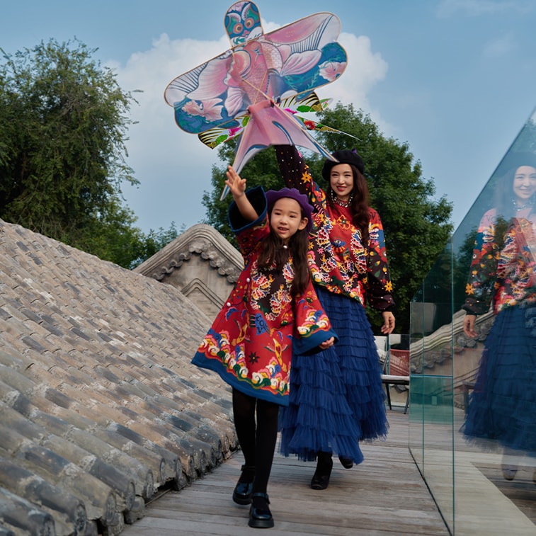 【中国直邮】年衣董璇同款女童花龙百变旗袍裙冬新款中式宝宝国风礼服加绒 年衣红 110CM 7