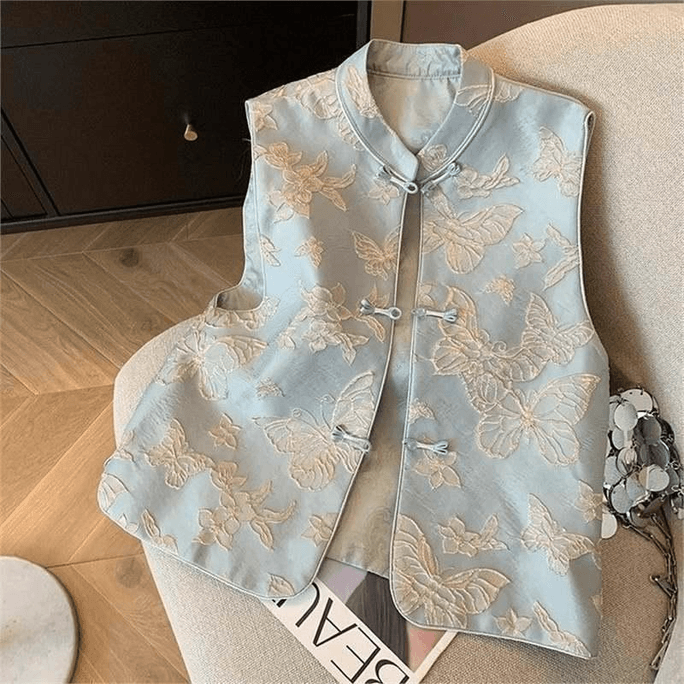 Chinese Style Butterfly Embroidery Tang Suit Vest Coat for Women Blue M
