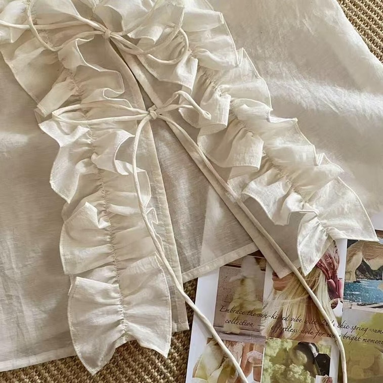 【加拿大直邮】 加拿大 SCENARIO 奶油白荷叶边系带上衣 米白色 S-M码 米白色 M 4