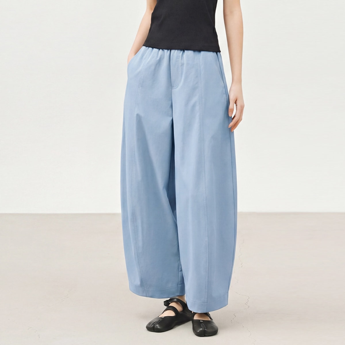 Nine Point Wide Leg Casual Pants Sky Blue Size L 1 piece Elastic