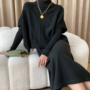 Influencer Style Layered Dress Cable Knit Batwing Sleeve Sweater Two Piece Set Black M