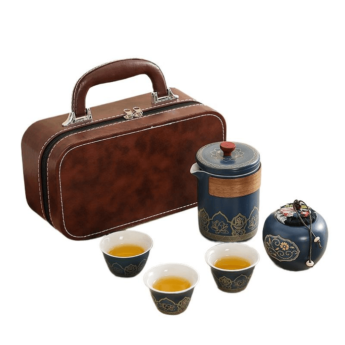 Travel Tea Set Outdoor Portable Ceramic Quick Guest Cup One Pot Four Cups Jilan (brown Bag) 6.2CM