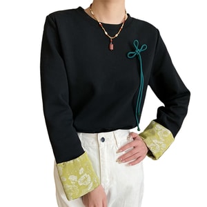 ASIS 新しい中国風チャイナ ノット ジャカード レディース 長袖 T シャツ トップ - ブラック フリー サイズ