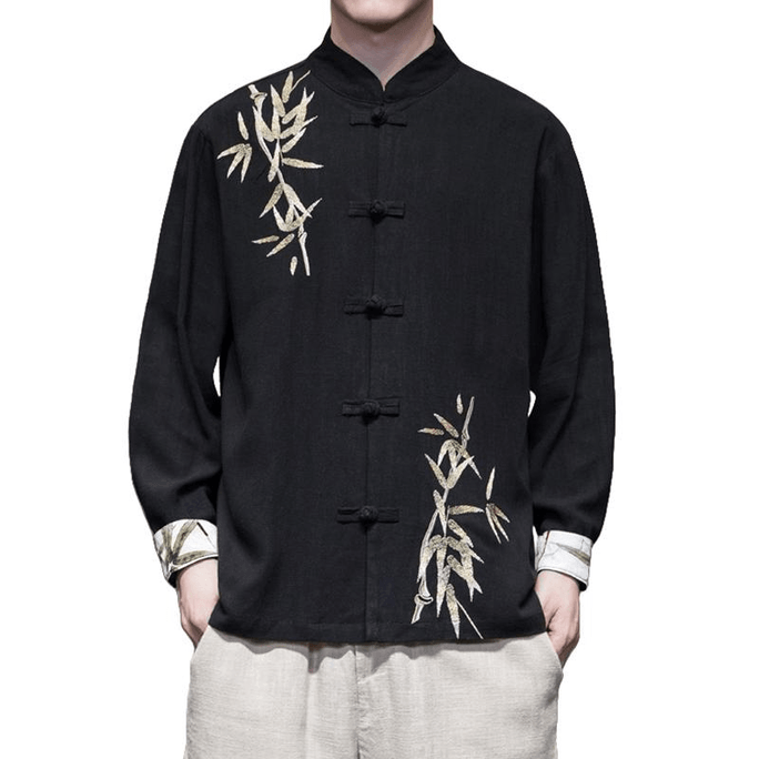 Chinese Style Ramie Embroidery Long Sleeve Tang Costume HanFu Shirt Black M