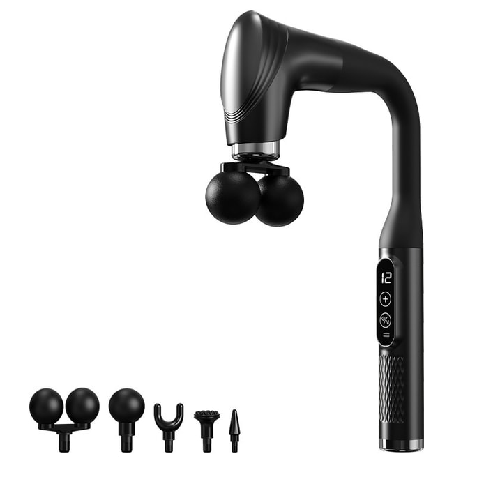  水月秦淮 黑色加長流線彎頭筋膜槍 【12檔力度調整+5種專業按摩頭+15天長效續航】雙球高頻電動手持按摩搥肌肉放鬆按摩器彎鉤筋膜槍【力大勁爽深層放鬆】