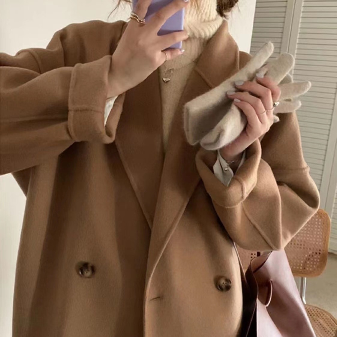 Winter long double-sided wool coat Korean loose tweed jacket camel