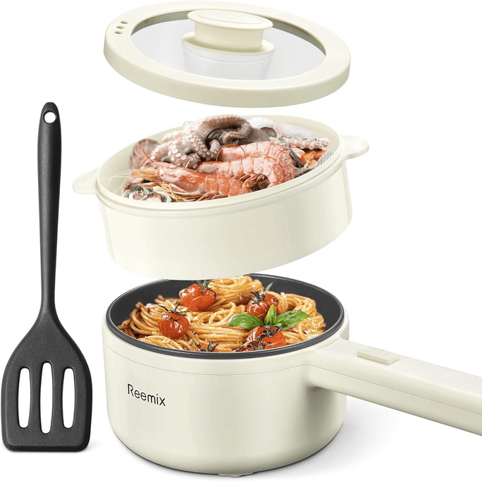 Hot Pot Electric With Steamer1.6L Ramen Cooker Non-Stick Pan  White Large