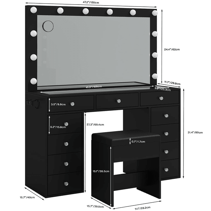 55''Vanity Desk with LED Lights 11-Drawer Set