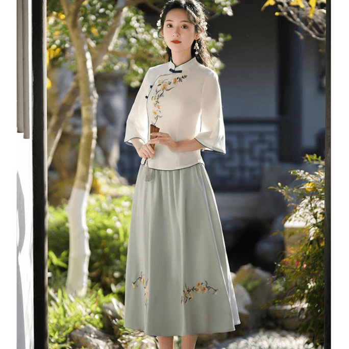 【中國直郵】 ASIS 風繡花盤扣旗袍唐裝漢服套裝-白色 L