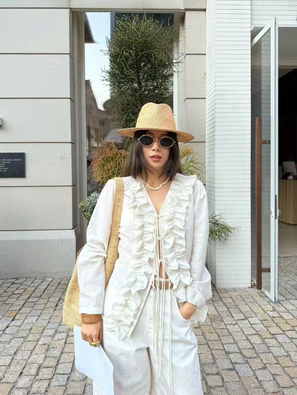 【加拿大直邮】 加拿大 SCENARIO 奶油白荷叶边系带上衣 米白色 S-M码 米白色 S