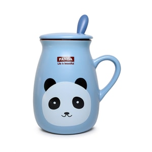 GINKGOHOME Cute Animal Milky Ceramic Mug With Spoon And Lid - Blue Panda 12oz