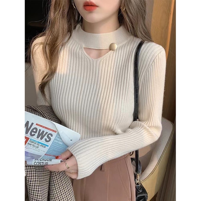 【中國直郵】 HSPM 新款甜美少女風掛脖鏤空百搭打底衫 米白色 F