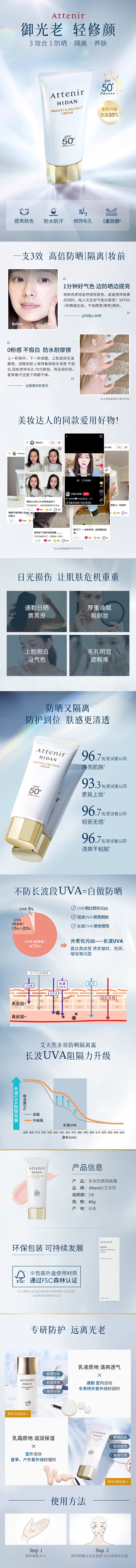 【日本直邮 正品保证】日本艾天然Attenir HIDAN 防晒乳 清爽素颜面部隔离霜 轻薄水润 防水提亮SPF50+/40g