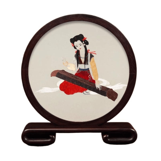 【中国直邮】 全程锦绣 苏绣 手工真丝蚕线刺绣工艺品摆件 弹琴侍女 21.5*24*4.5cm