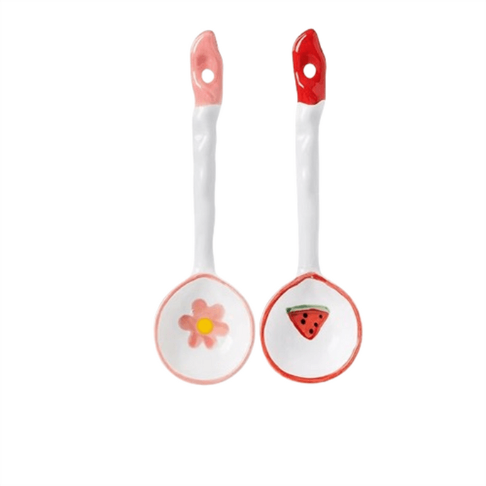 【中国直邮】 居家家 陶瓷勺子日式饭勺长柄勺家用高颜值汤匙调羹厨房喝汤小勺子 小花+西瓜*1