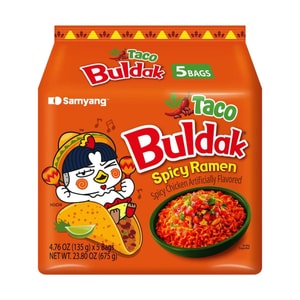Taco Buldak Spicy Ramen Noodles ,Spicy Chicken Artificial Flavor ,5 Bags , 23.80 oz