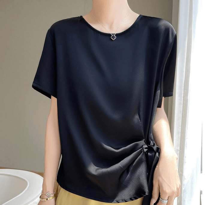 Chinese Style Stain Slim Waist with Box Short Sleeves Shirt Tops Black M