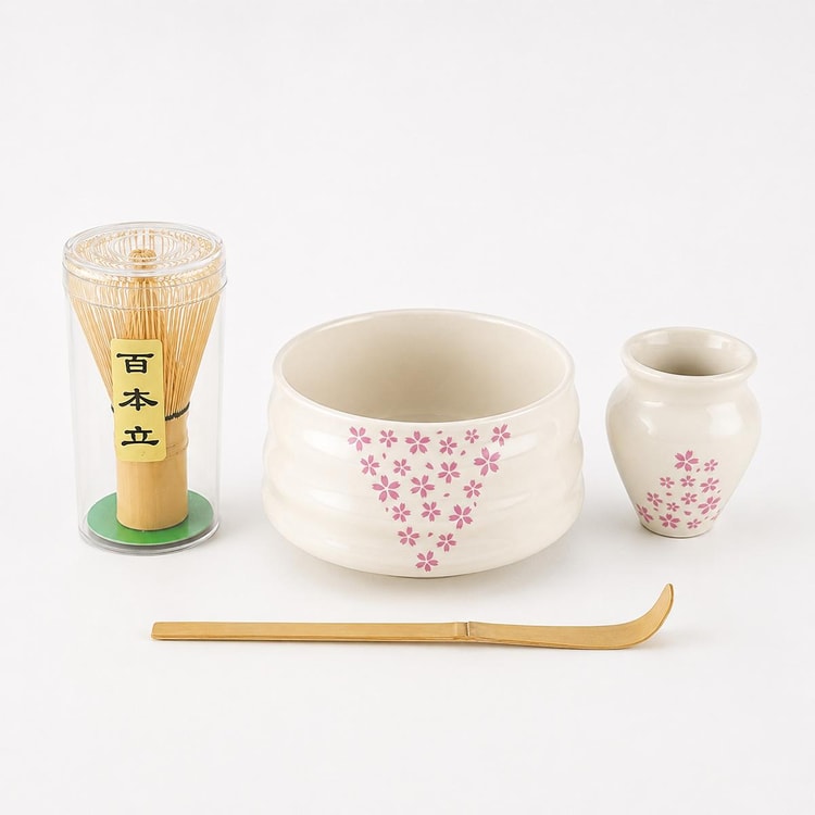 KAWASIMAYA 抹茶茶筅セット、桜ピンク、茶碗・茶筅・茶杓付き、日本
