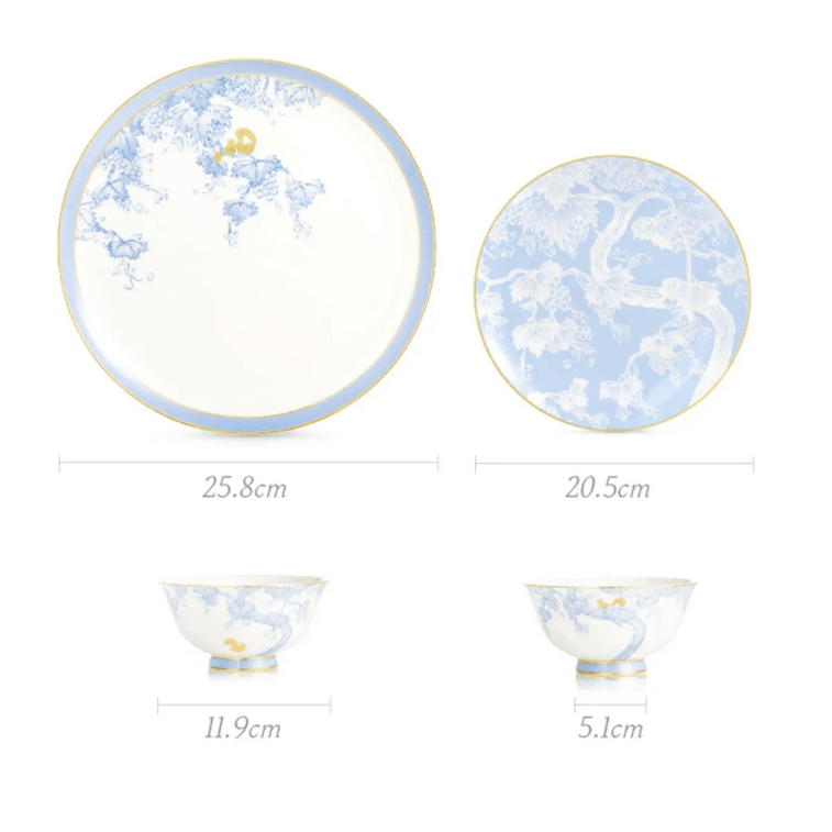 故宮文創 松鼠葡萄紋碗碟盤餐具組 骨瓷碗具 新年禮物 1組 內含4碗+1大盤+1小盤 7